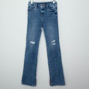 Express Womens Skyscraper Mid Rise Jeans Size S 0 2 4 Blue Distressed Slit Hem